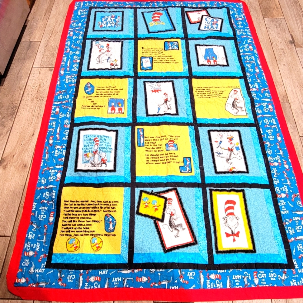 The Cat in the Hat Dr Seuss handmade patchwork quilted bedspread double-sided